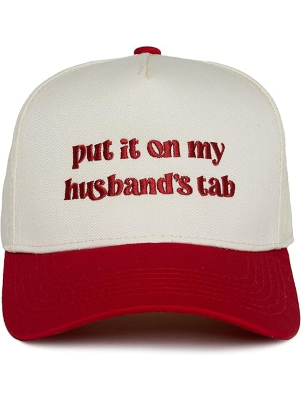 Funky Junque Baseball Hat Beige Red Canvas Put It on My Husband Tab Snapback Hat